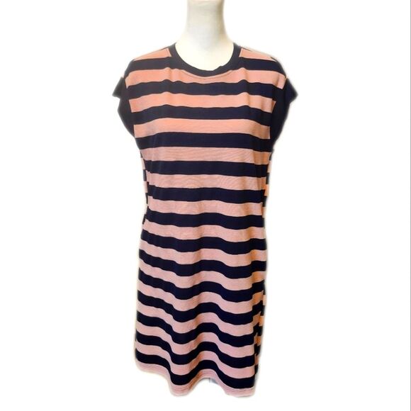 AlvaQ Summer Shirt Dress, Pale Pink & Navy, Cap Sleeve, Mini Dress, M - Picture 1 of 11